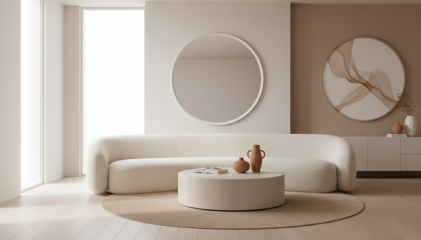 Woonkamer Met Gebogen Zetel, Ronde Salontafel En Ronde Spiegel Les Formes Rondes Dans Votre Intérieur : Briser Les Angles Droits