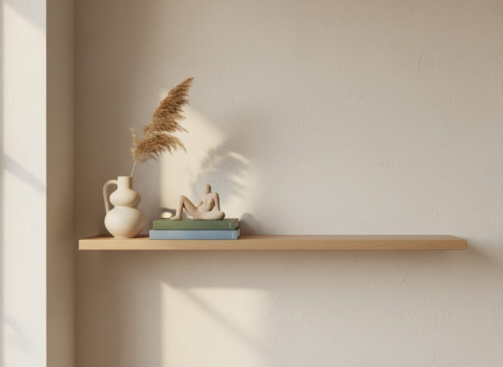 Rustig Gestyled Eiken Rek Met Enkele Objecten En Veel Ademruimte Rustig Gestyled Eiken Rek Met Enkele Objecten En Veel Ademruimte