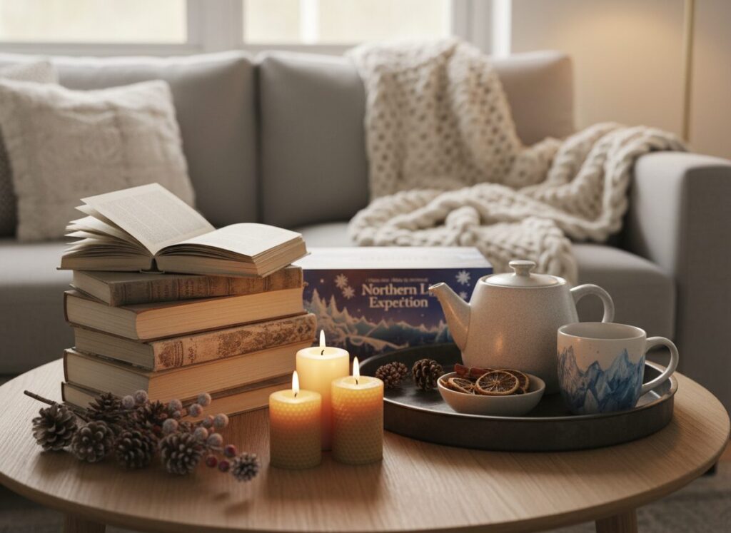 Salontafel Met Boeken, Spel En Theepot In Wintersfeer