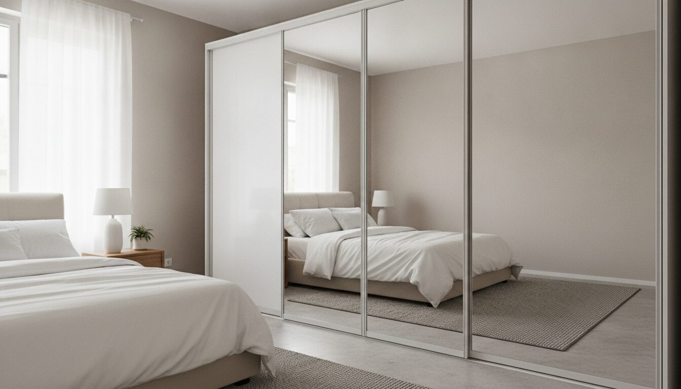 Kledingkast Met Spiegelschuifdeuren In Een Slaapkamer Kledingkast Met Spiegelschuifdeuren In Een Slaapkamer