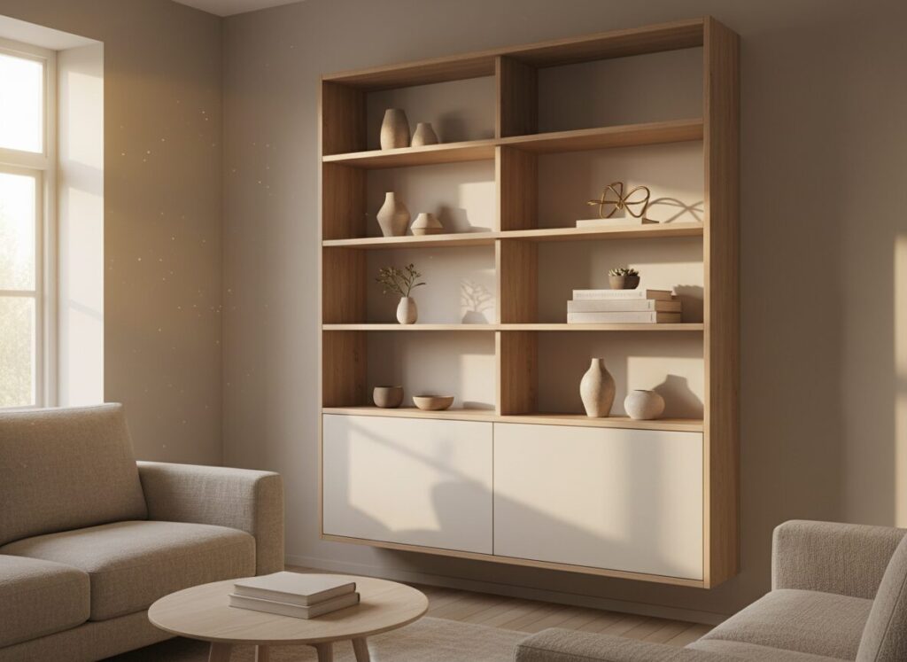 Slanke Wandkast Met Gesloten Berging En Open Vakken In Een Kleine Woonkamer Aménager Un Petit Salon : 9 Astuces Qui Créent De L'Espace