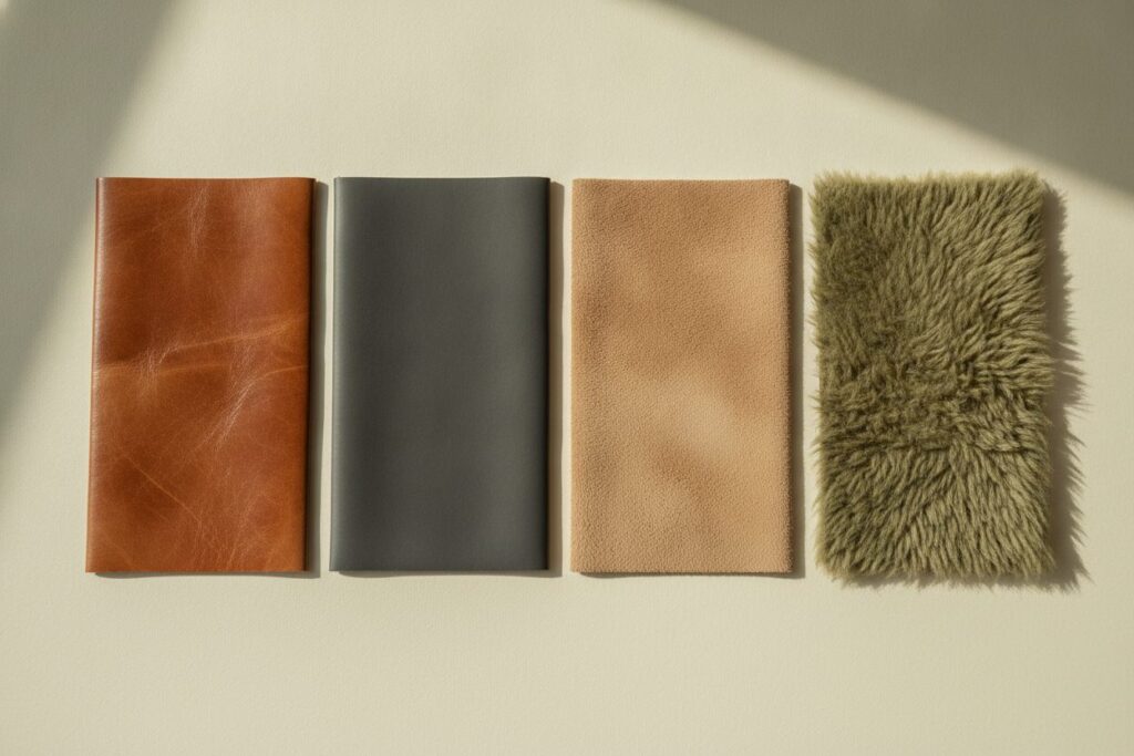 Soorten Leder Anilin Gepigmenteerd Nubuck Suede Vier Lederstalen Naast Elkaar: Anilinleder, Gepigmenteerd Leder, Nubuck En Suede