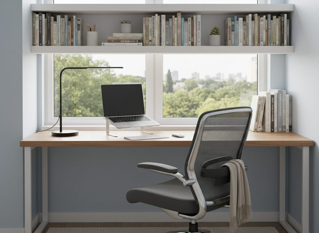 Studeerplek Bij Het Raam Met Bureaulamp En Rek Boven Het Bureau Studeerplek Bij Het Raam Met Bureaulamp En Rek Boven Het Bureau