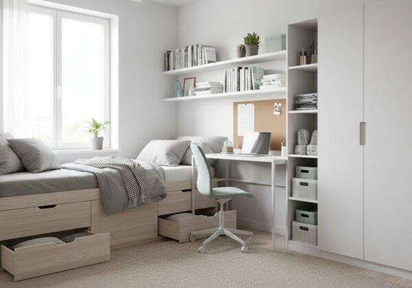 Compact Studentenkot Met Bed Met Lades, Bureau Bij Het Raam En Hoge Kast