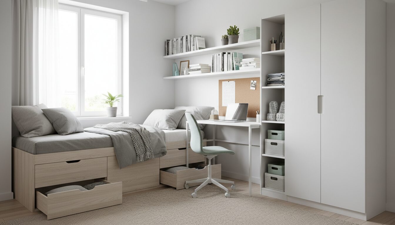 Compact Studentenkot Met Bed Met Lades, Bureau Bij Het Raam En Hoge Kast Compact Studentenkot Met Bed Met Lades, Bureau Bij Het Raam En Hoge Kast
