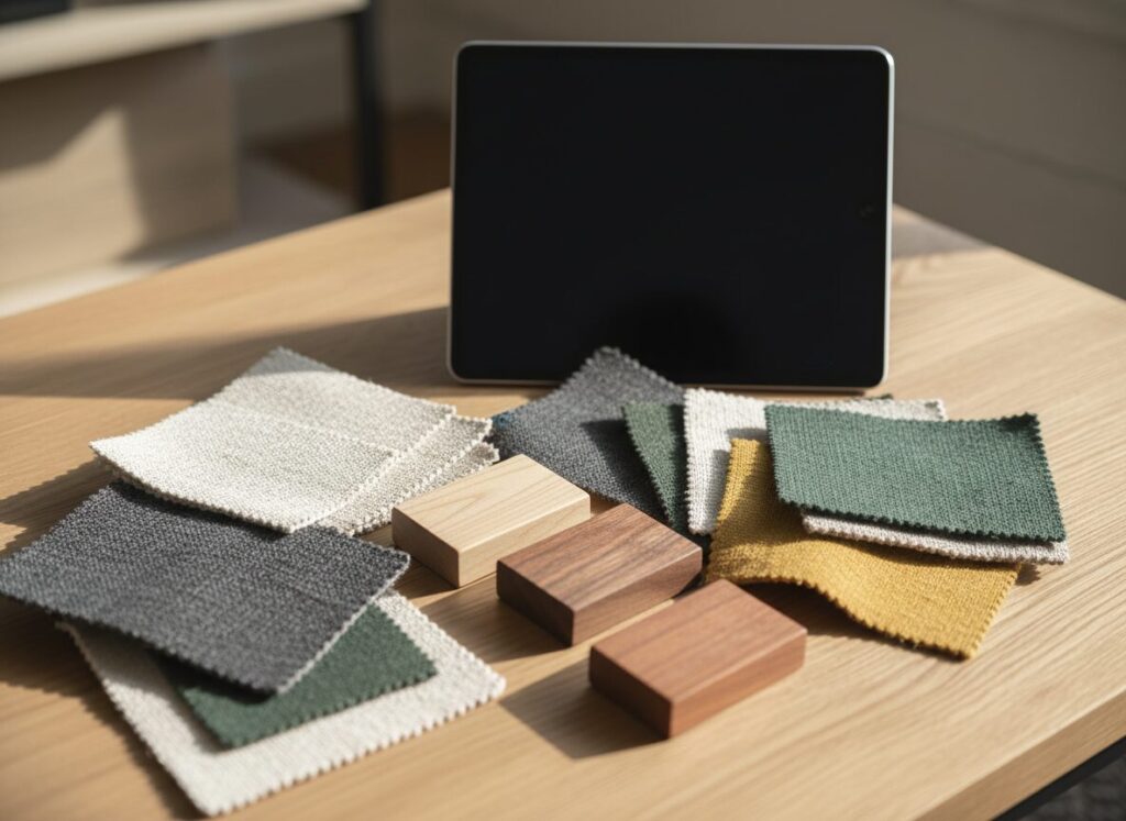 Tablet Naast Stof- En Houtstalen Op Een Eiken Salontafel Acheter Ses Meubles En Ligne Ou En Magasin ? Combinez Le Meilleur Des Deux