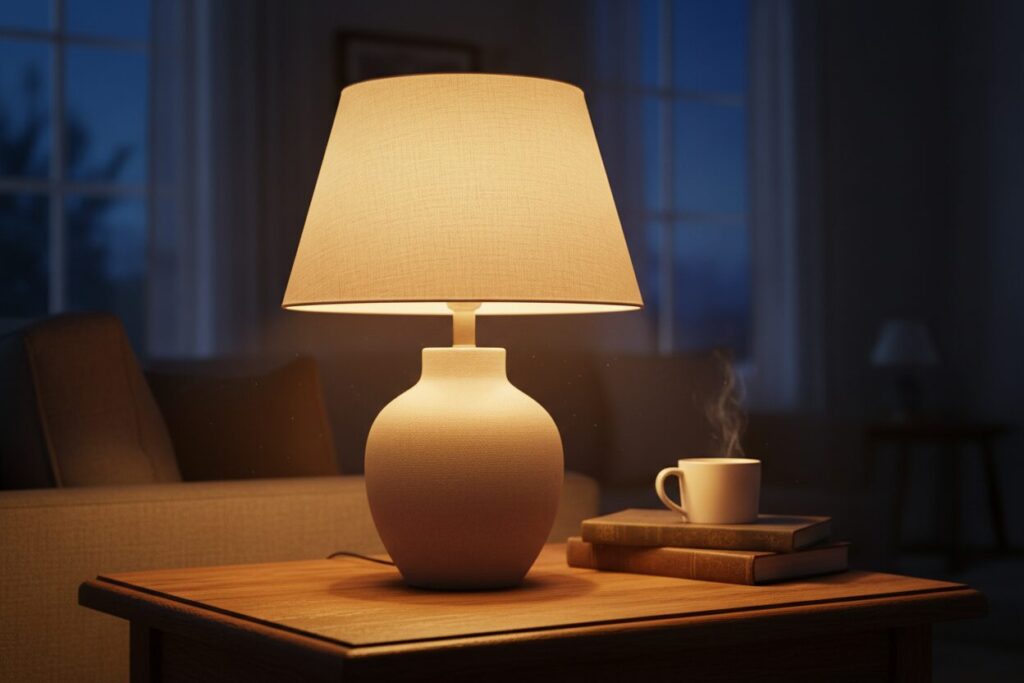 Tafellamp Linnen Kap Warm Licht Tafellamp Met Linnen Kap Op Een Houten Bijzettafel Met Warme, Gedimde Gloed