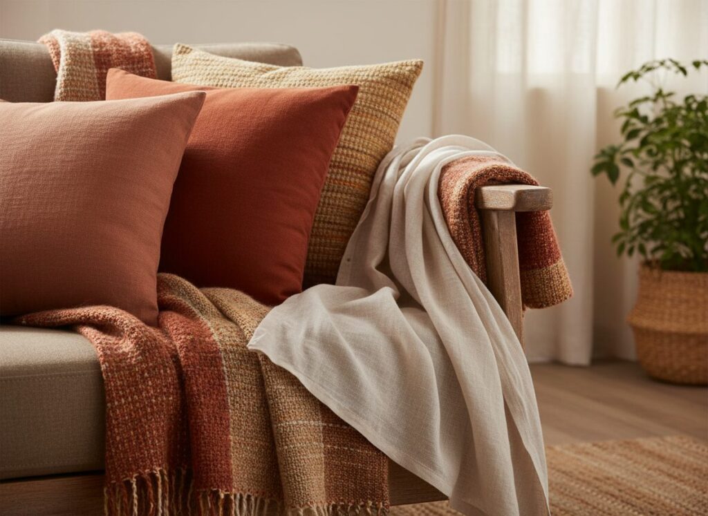 Textielmix Van Kussens En Plaid In Terracotta En Zand Op Een Zetelarm Textielmix Van Kussens En Plaid In Terracotta En Zand Op Een Zetelarm