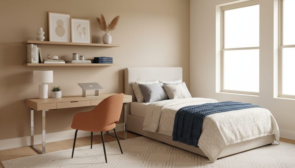 Stijlvolle tienerkamer met bed, bureau en open rekken