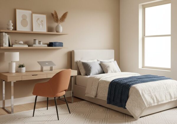 Stijlvolle Tienerkamer Met Bed, Bureau En Open Rekken