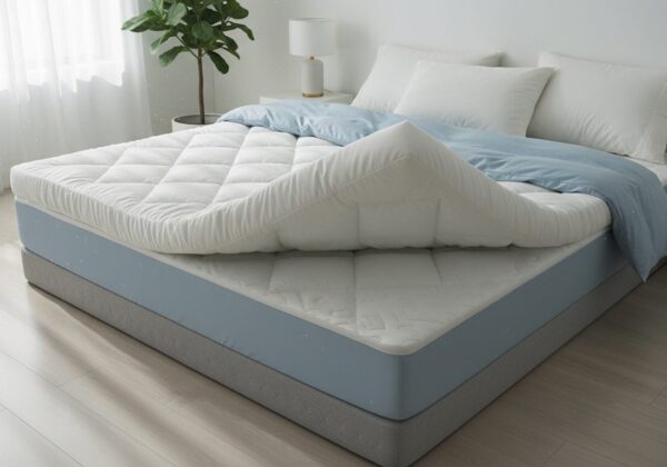 Topper Die Op Een Matras Wordt Gelegd, Hoek Opgetild Met Zicht Op Beide Lagen