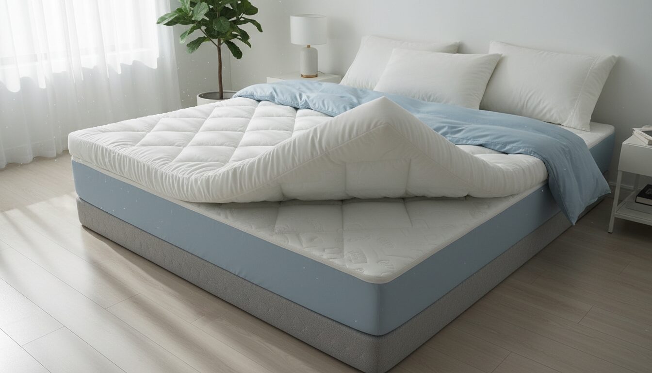 Topper Die Op Een Matras Wordt Gelegd, Hoek Opgetild Met Zicht Op Beide Lagen Choisir Un Surmatelas : Quand Oui, Quand Non, Et Quel Garnissage
