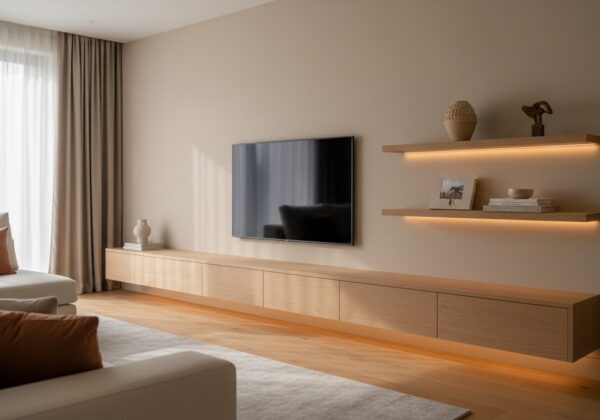 Laag Houten Tv-Meubel Met Televisie In Een Warme Woonkamer