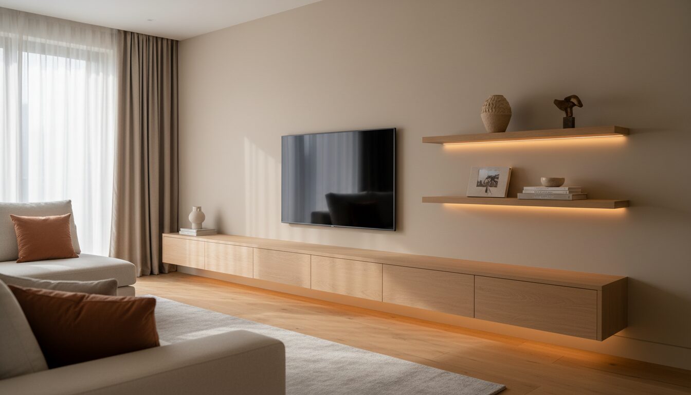 Laag Houten Tv-Meubel Met Televisie In Een Warme Woonkamer Choisir Un Meuble Tv : Le Bon Format Et Le Bon Modèle