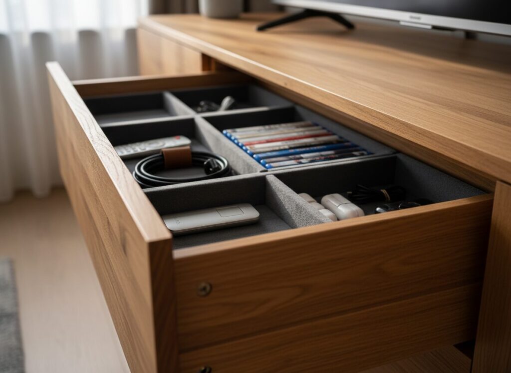 Detail Van Een Open Lade Van Een Tv-Meubel Met Nette Vakverdeling Choisir Un Meuble Tv : Le Bon Format Et Le Bon Modèle