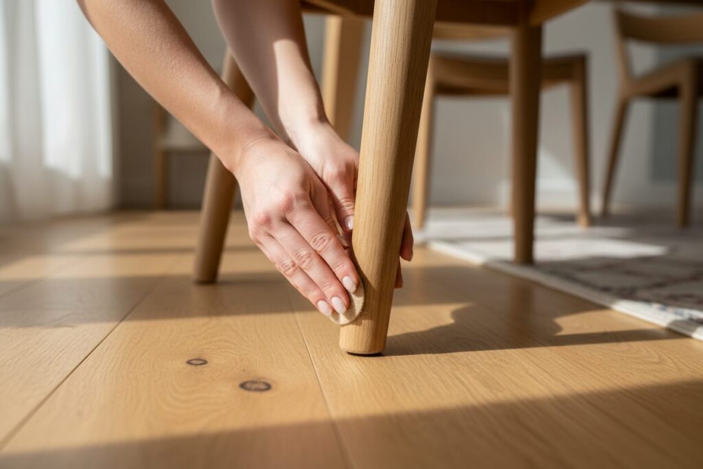 Viltglijders Onder Stoelpoot Houten Vloer Viltglijder Wordt Onder De Poot Van Een Houten Stoel Geplaatst Op Een Eiken Vloer