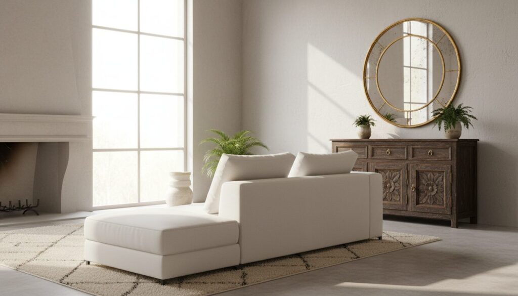 Woonkamer met nieuwe zetel en antieke kast in harmonie