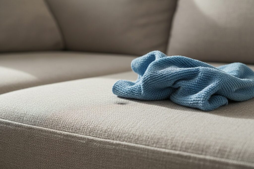 Microvezeldoek Op Een Vlekje In De Lichtgrijze Stoffen Bekleding Van Een Zetel