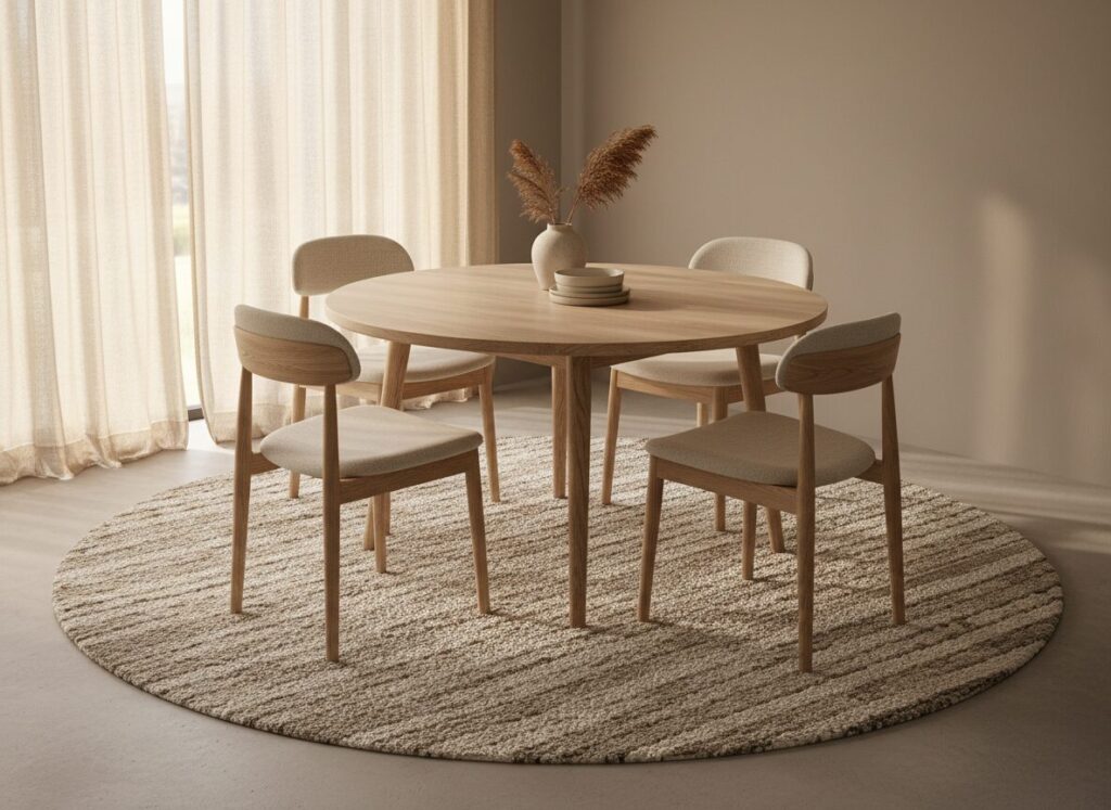 Ronde Eettafel Met Stoelen Volledig Op Een Vlakgeweven Vloerkleed Choisir Le Tapis Parfait Sous Votre Canapé Ou Table