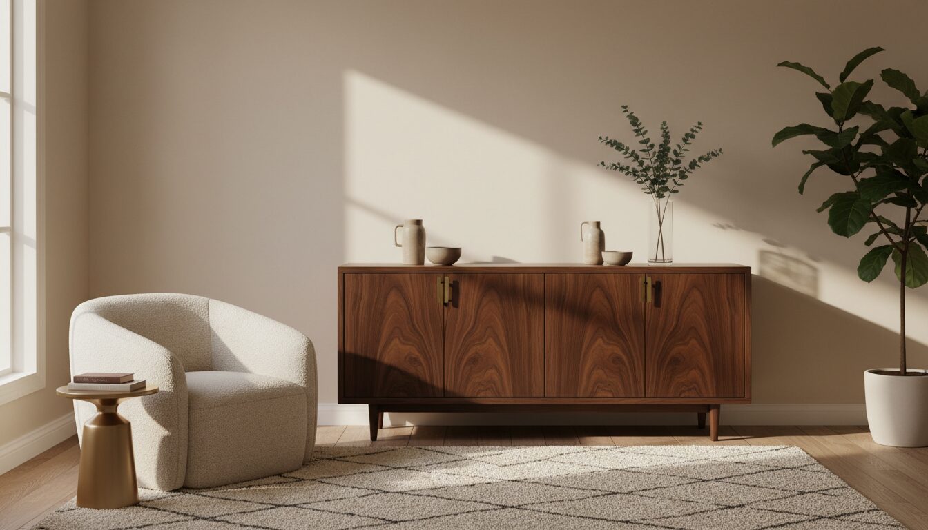 Notelaren Dressoir Als Blikvanger Tegen Een Lichte Wand Notelaren Dressoir Als Blikvanger Tegen Een Lichte Wand