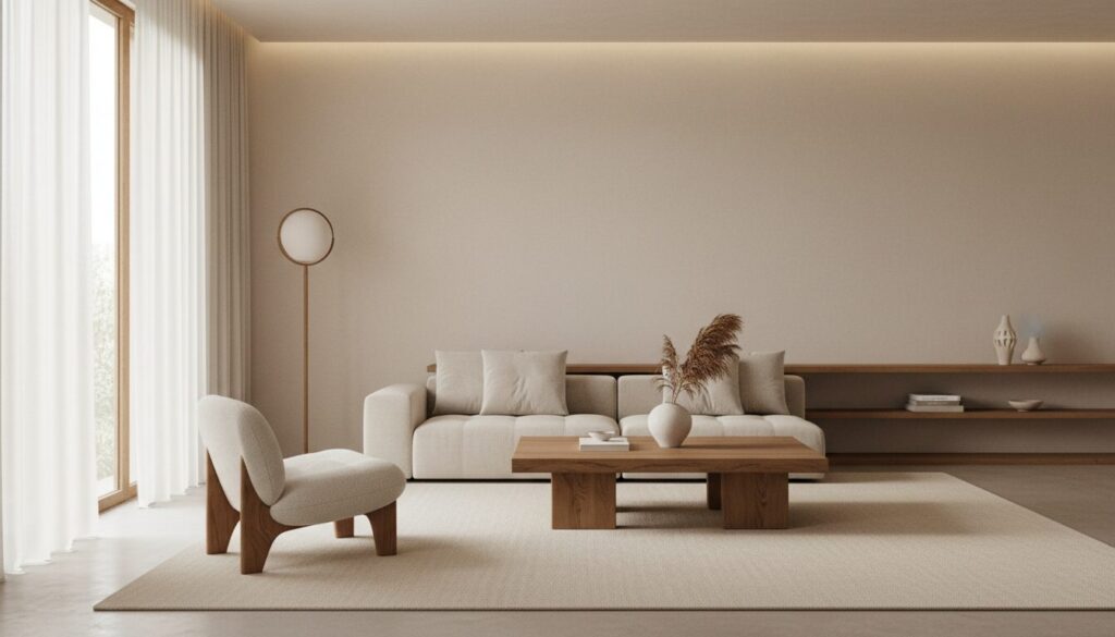 Warm minimalistische woonkamer met enkele zorgvuldig gekozen meubels