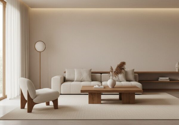 Warm Minimalistische Woonkamer Met Enkele Zorgvuldig Gekozen Meubels