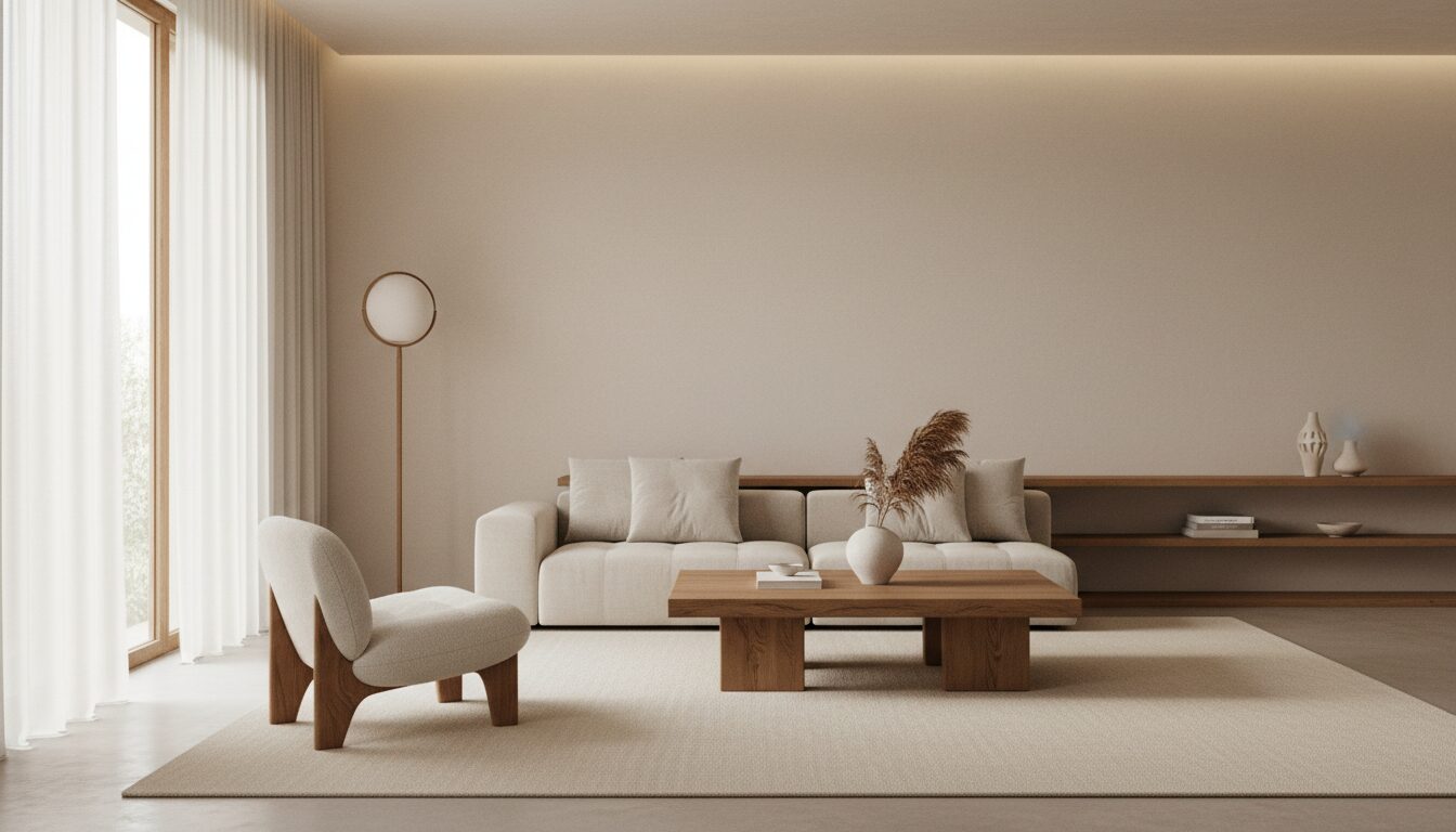 Warm Minimalistische Woonkamer Met Enkele Zorgvuldig Gekozen Meubels Warm Minimalistische Woonkamer Met Enkele Zorgvuldig Gekozen Meubels