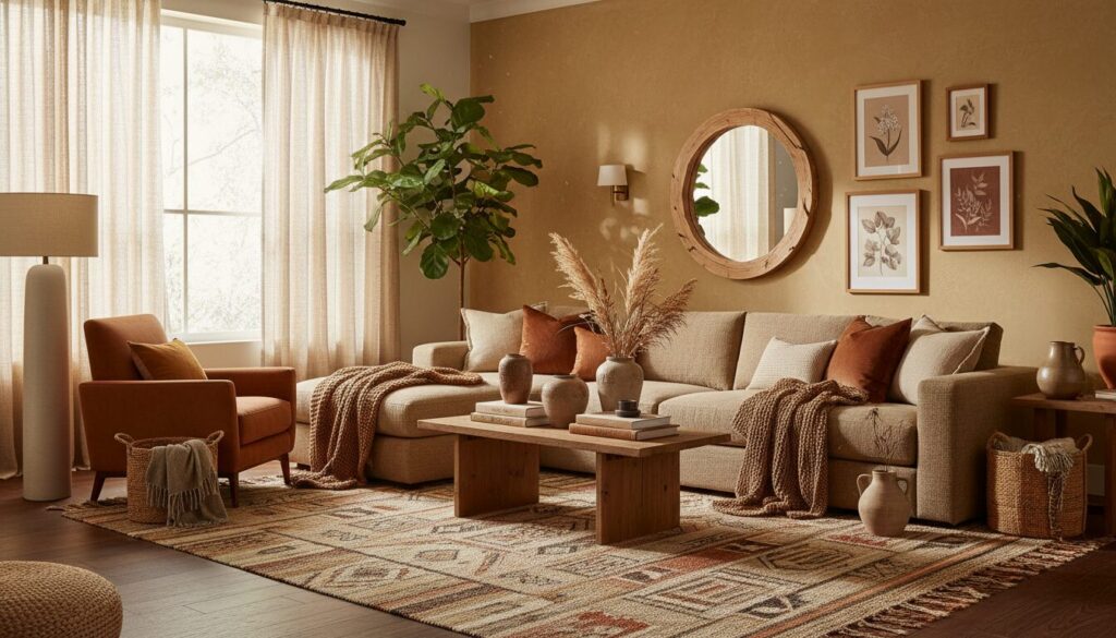 Woonkamer volledig gestyled in aardetinten: terracotta, oker en zand