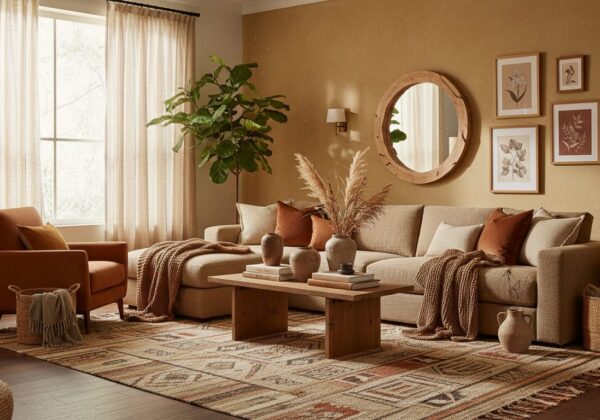 Woonkamer Volledig Gestyled In Aardetinten: Terracotta, Oker En Zand