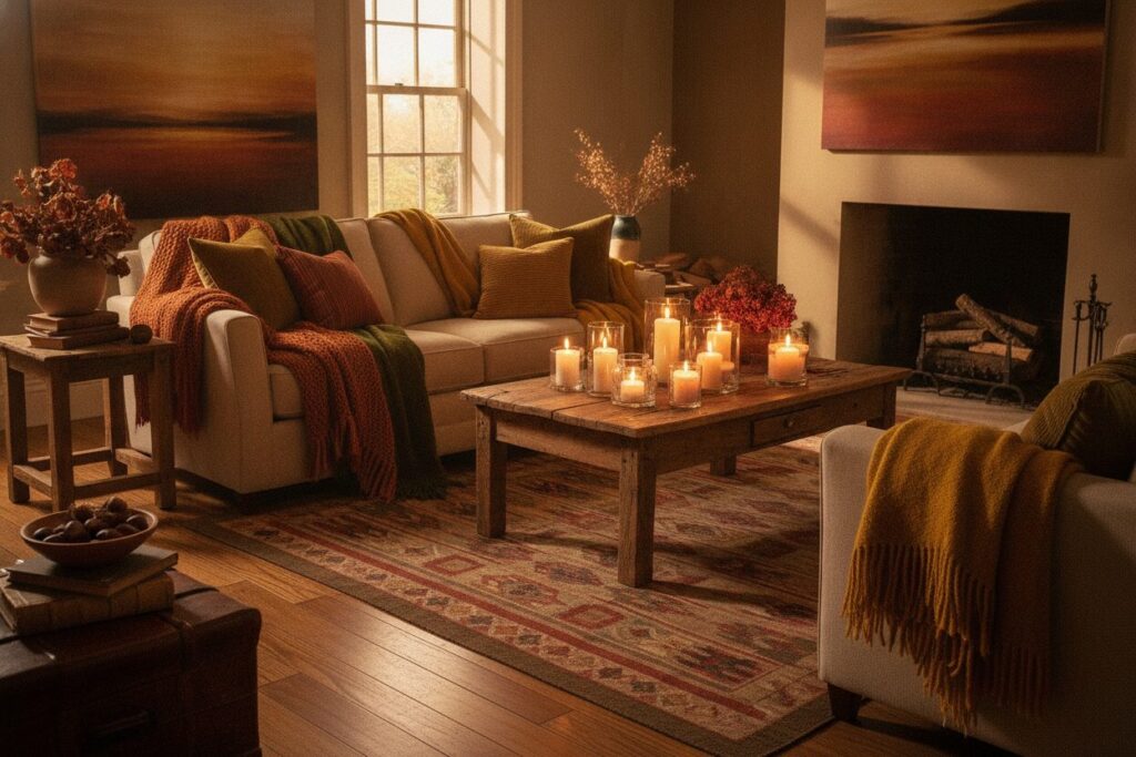 Woonkamer Herfstsfeer Plaids Kaarsen L'Automne Dans Votre Intérieur : Couches De Textile, Lumière Chaude Et Saison De Chauffe