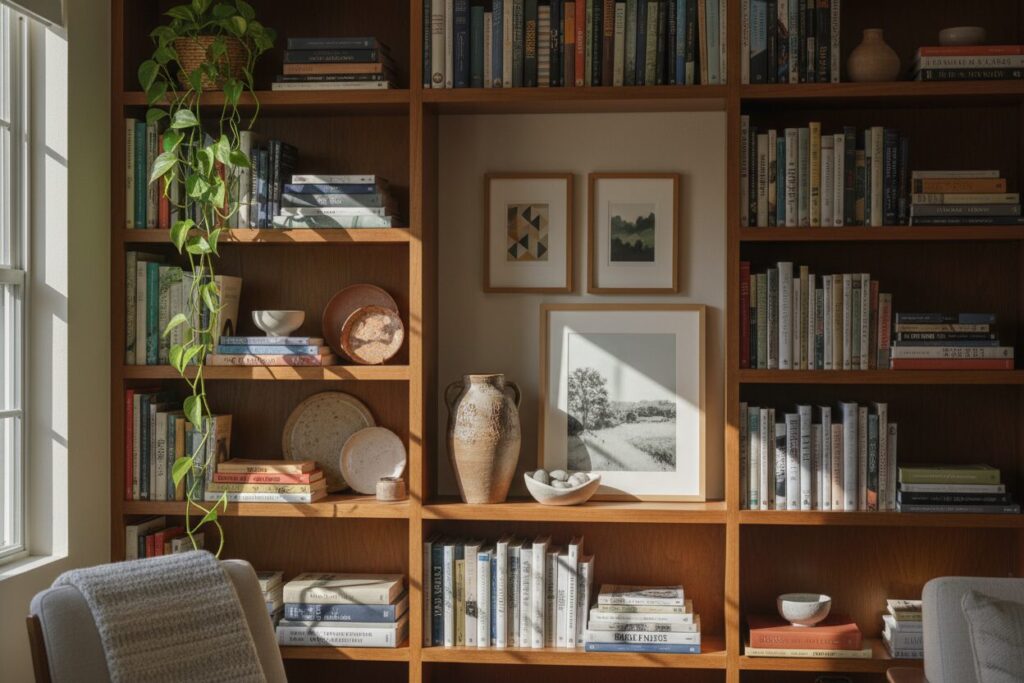 Woonkamerrek Persoonlijke Accessoires Woonkamerrek Gestyled Met Boeken, Keramiek, Ingelijste Kunst En Een Plant