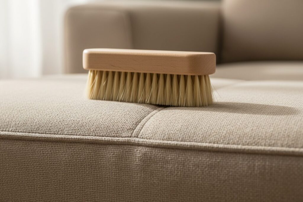Zachte Bekledingsborstel Op De Naad Van Een Beige Stoffen Zitkussen
