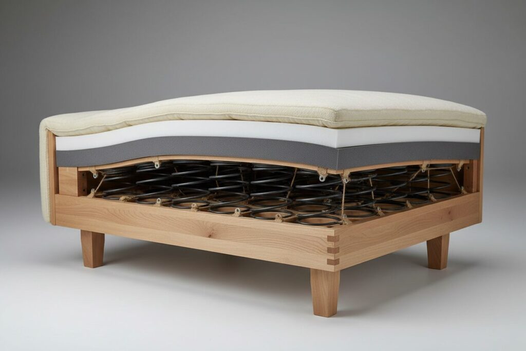 Zetel Doorsnede Vering Schuimvulling Doorsnede Van Een Zetelzitting Met Houten Frame, Veren En Schuimlagen