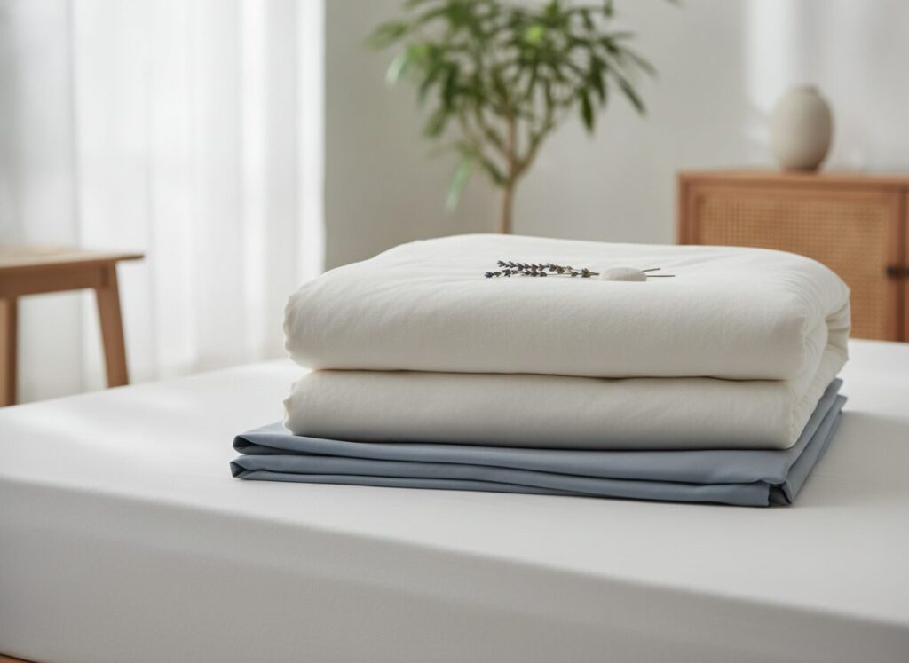 Zomerdekbed En Koele Tencel-Lakens Op Het Bed Zomerdekbed En Koele Tencel-Lakens Op Het Bed