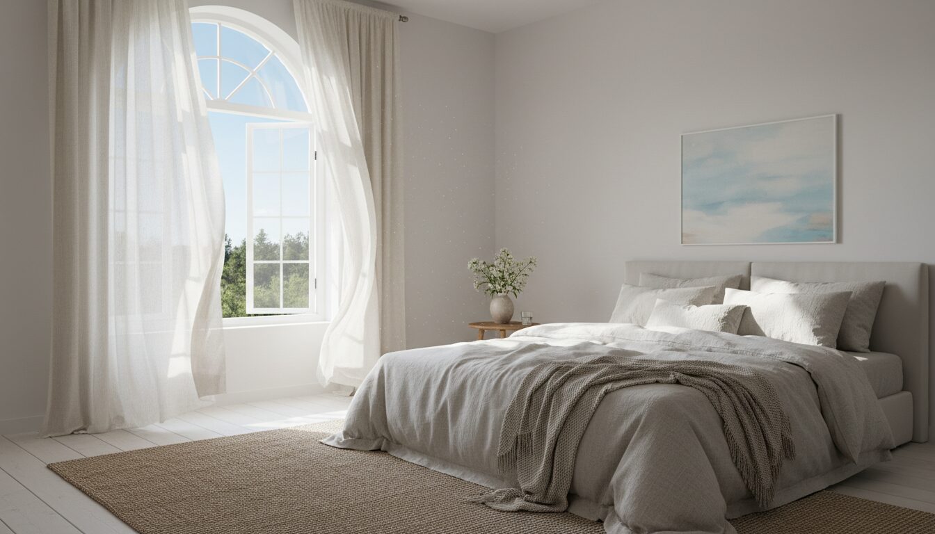 Luchtige Zomerse Slaapkamer Met Licht Beddengoed En Open Raam Luchtige Zomerse Slaapkamer Met Licht Beddengoed En Open Raam