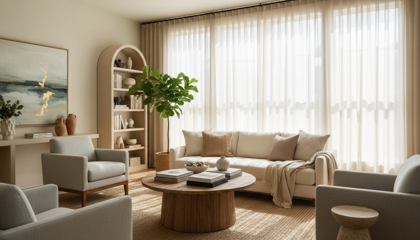 Zonovergoten Woonkamer Met Vitrage Die Het Licht Filtert Zonovergoten Woonkamer Met Vitrage Die Het Licht Filtert