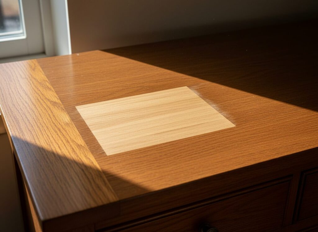 Schaduwrechthoek Op Een Houten Blad Waar Jarenlang Een Kader Stond Schaduwrechthoek Op Een Houten Blad Waar Jarenlang Een Kader Stond
