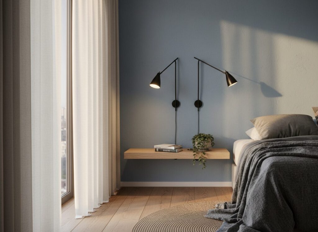 Zwevende Nachtplank Met Wandlampen En Hoge Gordijnen Aménager Une Petite Chambre : Grand Lit, Armoire Futée, Beaucoup D'Air
