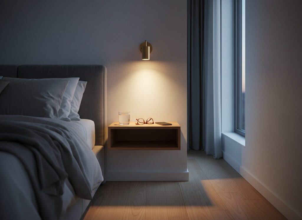 Zwevend Nachtplankje Met Wandlampje In Een Smalle Slaapkamer La Table De Chevet : Petit Meuble, Quatre Grandes Décisions