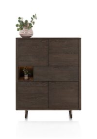 Mogan, Buffet haut, 115 cm de large, 4 portes, 1 tiroir, 1 compartiment ouvert avec LED