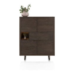 Mogan, Buffet haut, 115 cm de large, 4 portes, 1 tiroir, 1 compartiment ouvert avec LED