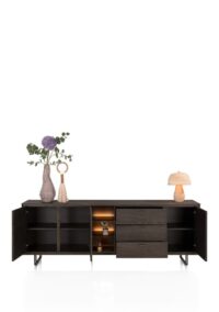 Mogan, Buffet 230 cm 3 portes, 3 tiroirs, 3 compartiments ouverts avec LED - Image 3