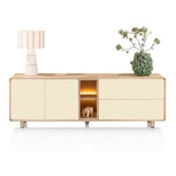 Caserta, Dressoir 230 cm, 2 portes, 2 tiroirs, 2 compartiments ouverts, placage de ch&ecirc;ne/laque
