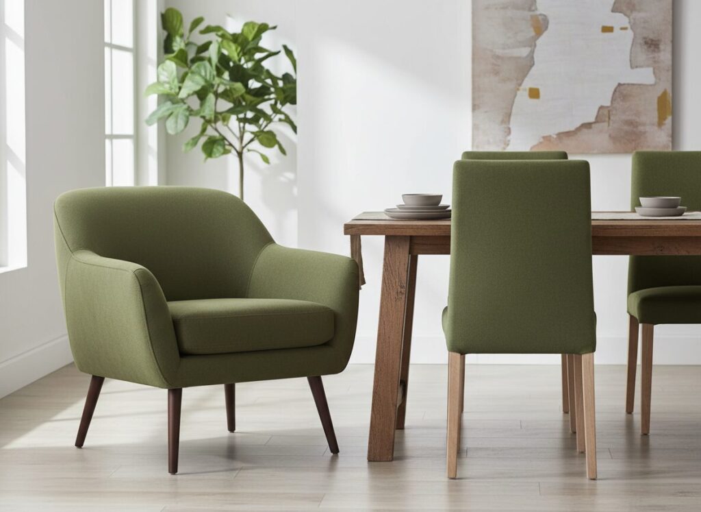 Groene Armstoel Naast Een Smallere Eetkamerstoel Zonder Armleuningen Groene Armstoel Naast Een Smallere Eetkamerstoel Zonder Armleuningen