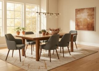 Eiken Eettafel Met Grijze Armstoelen Aan De Kopse Kanten En Gewone Stoelen Aan De Lange Zijden