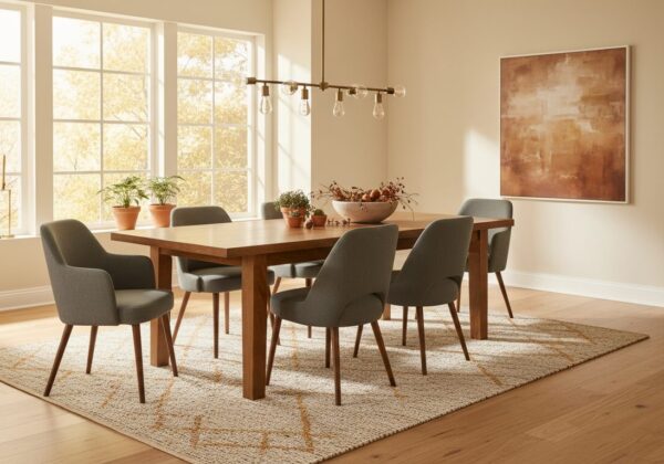 Eiken Eettafel Met Grijze Armstoelen Aan De Kopse Kanten En Gewone Stoelen Aan De Lange Zijden