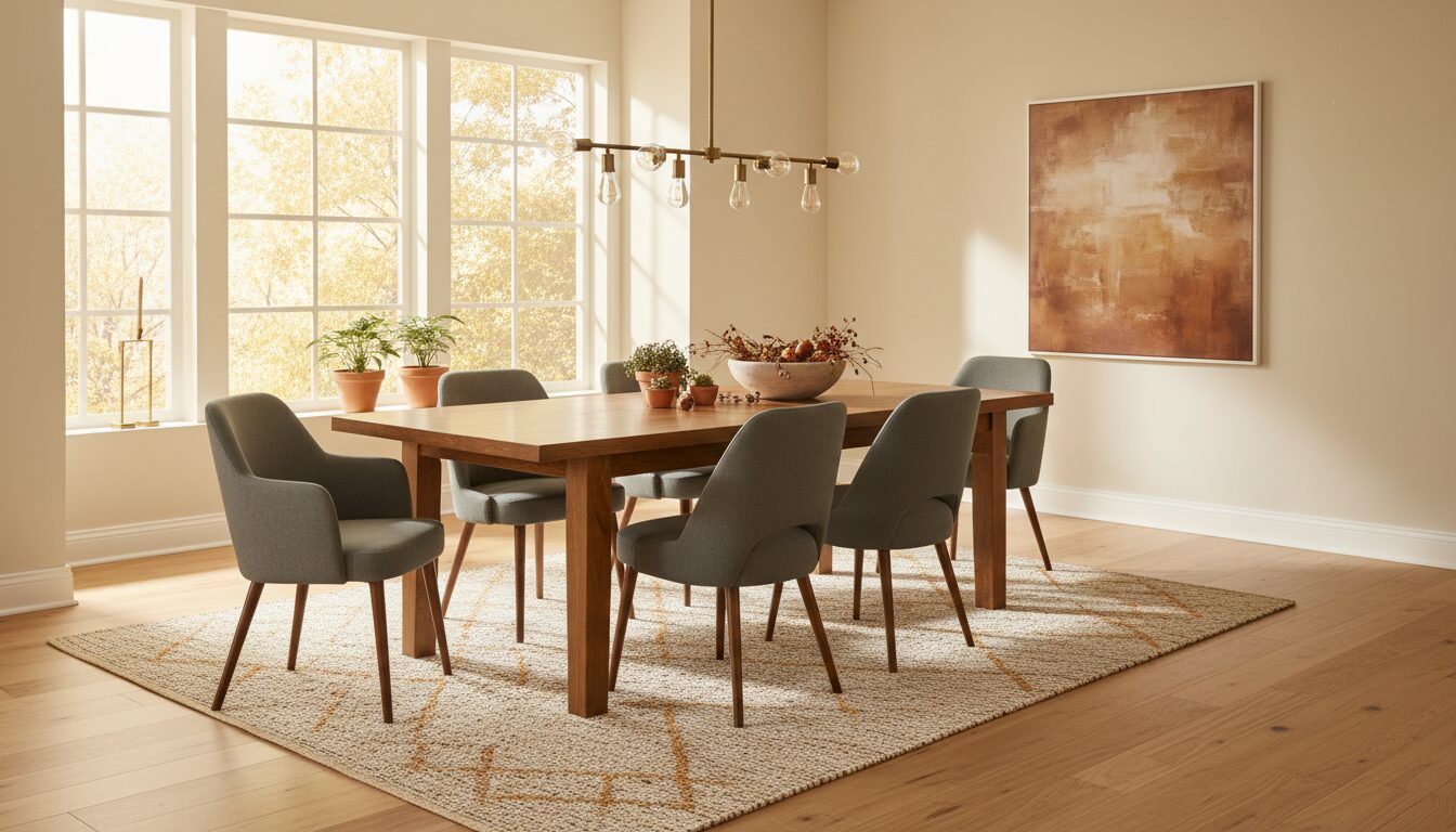 Eiken Eettafel Met Grijze Armstoelen Aan De Kopse Kanten En Gewone Stoelen Aan De Lange Zijden Eiken Eettafel Met Grijze Armstoelen Aan De Kopse Kanten En Gewone Stoelen Aan De Lange Zijden