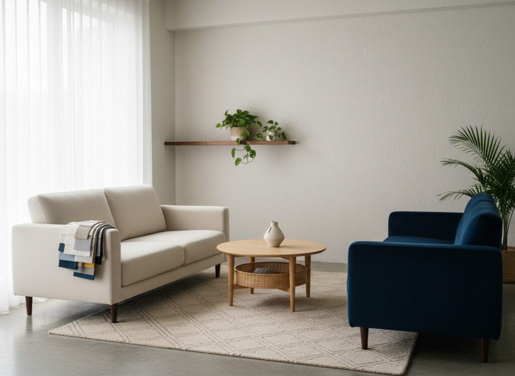 Beige 2-Zit Zetel Met Een Blauwe Velours Loveseat Als Accent Beige 2-Zit Zetel Met Een Blauwe Velours Loveseat Als Accent