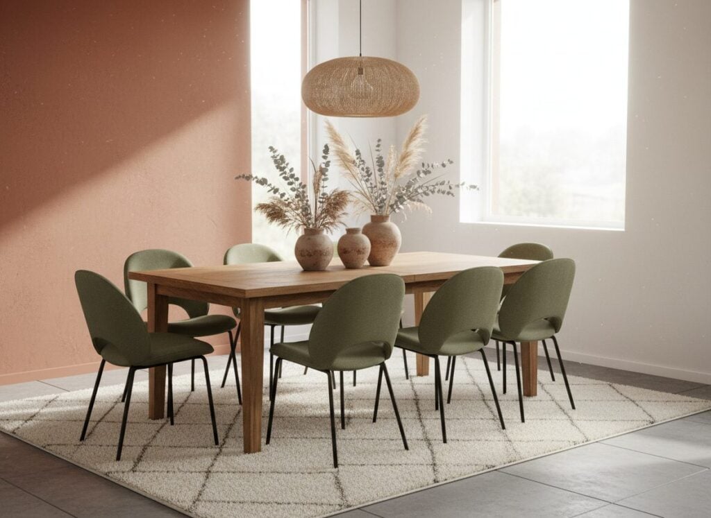 Boho Eethoek Met Houten Tafel En Olijfgroene Stoelen Boho Eethoek Met Houten Tafel En Olijfgroene Stoelen