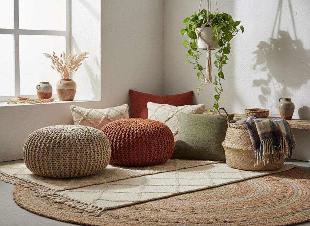Poefs En Vloerkussens Op Gelaagde Tapijten In Boho Stijl Poefs En Vloerkussens Op Gelaagde Tapijten In Boho Stijl